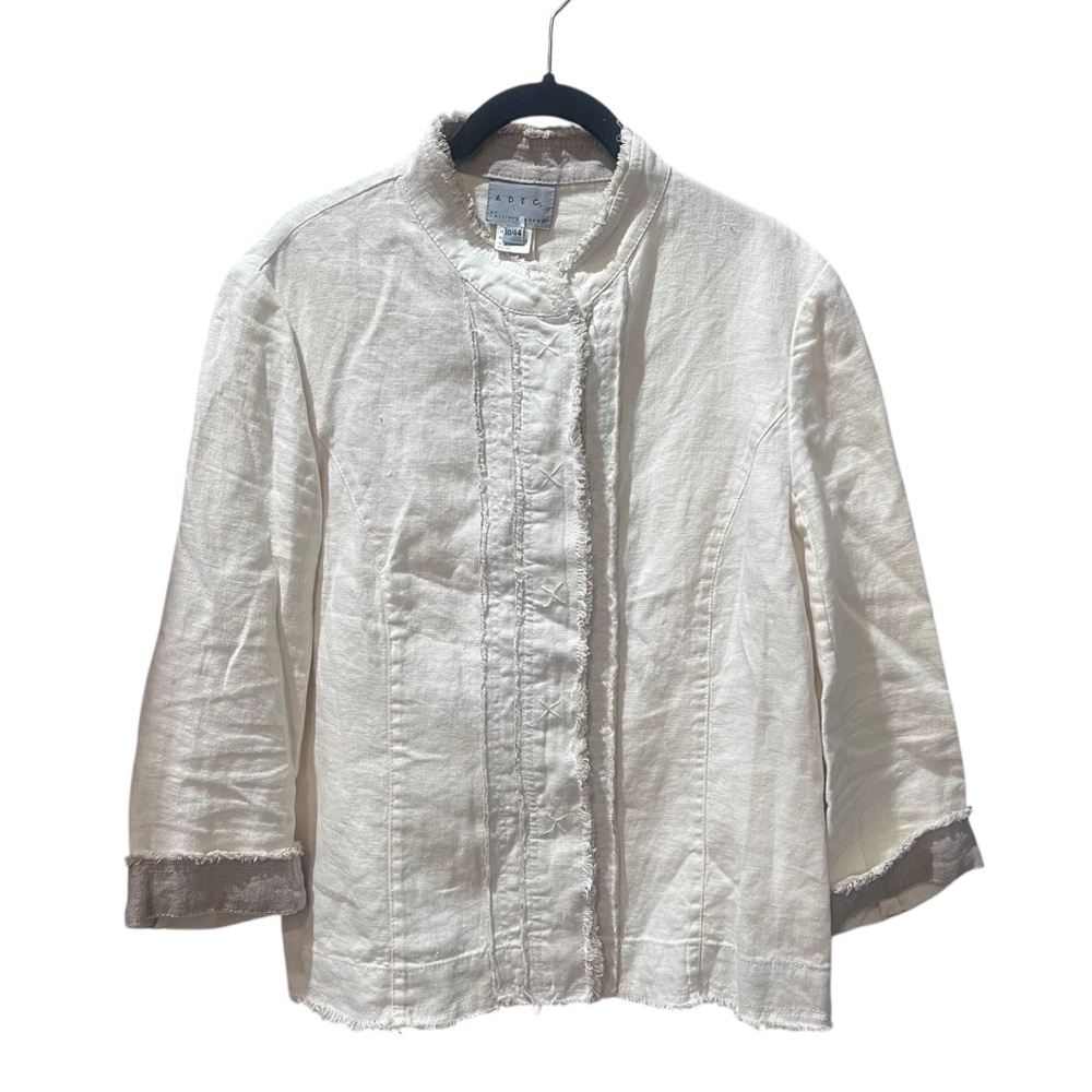 Philippe Adec Cream Linen Snap Frint Distressed Boho Jacket Size 10